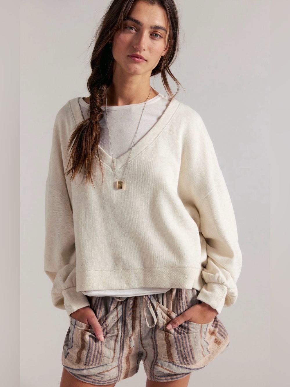 Free People We The Free Comfort Zone V-Neck Pullover. NWT. Oatmeal Heather